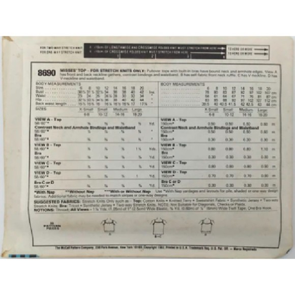 Vintage ©1983 McCall's 8690 - Camisole/Tank Tops with Built-In Bra - Medium - Picture 2 of 2